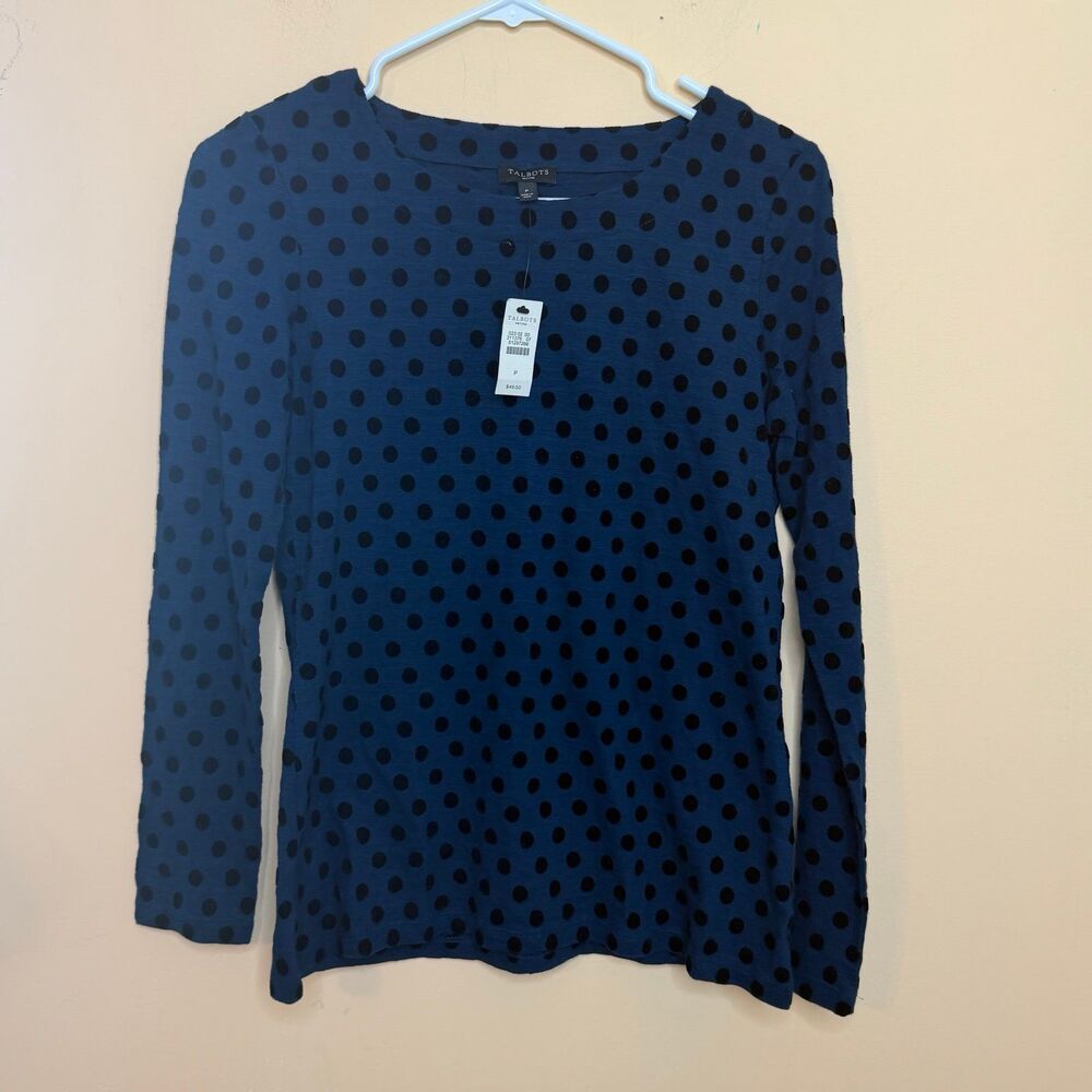 NWT Talbots women's petite blue and black polka dot long sleeve t-shirt P